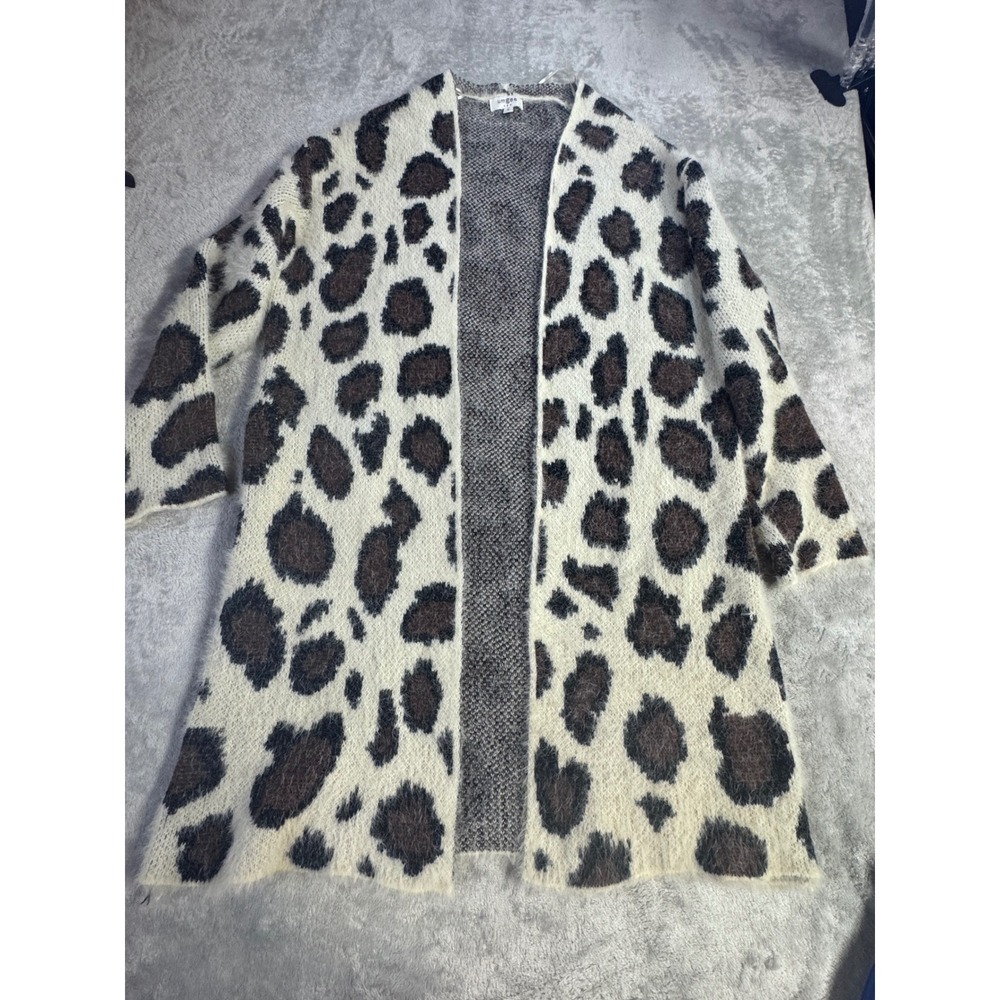 Umgee Womens Leopard Print Longline Open Front Cardigan Fuzzy Knit Cream Brown M